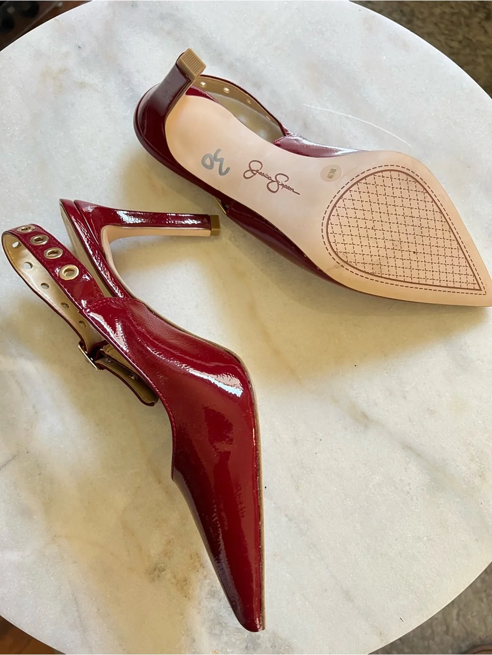 Jessica Simpson Wine Patent Pointed-Toe Slingback Heels